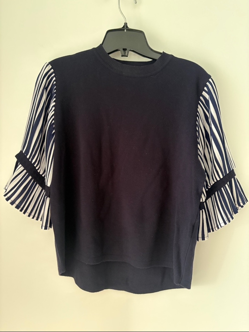 Women's Navy Knit Top with Striped Ruffle Sleeves - Elegant Casual